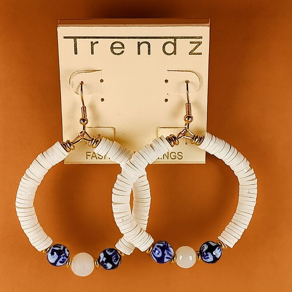 Trendz Gold Tone Metal White & Navy Blue Beaded Drop Dangle Hoop Earrings Boho